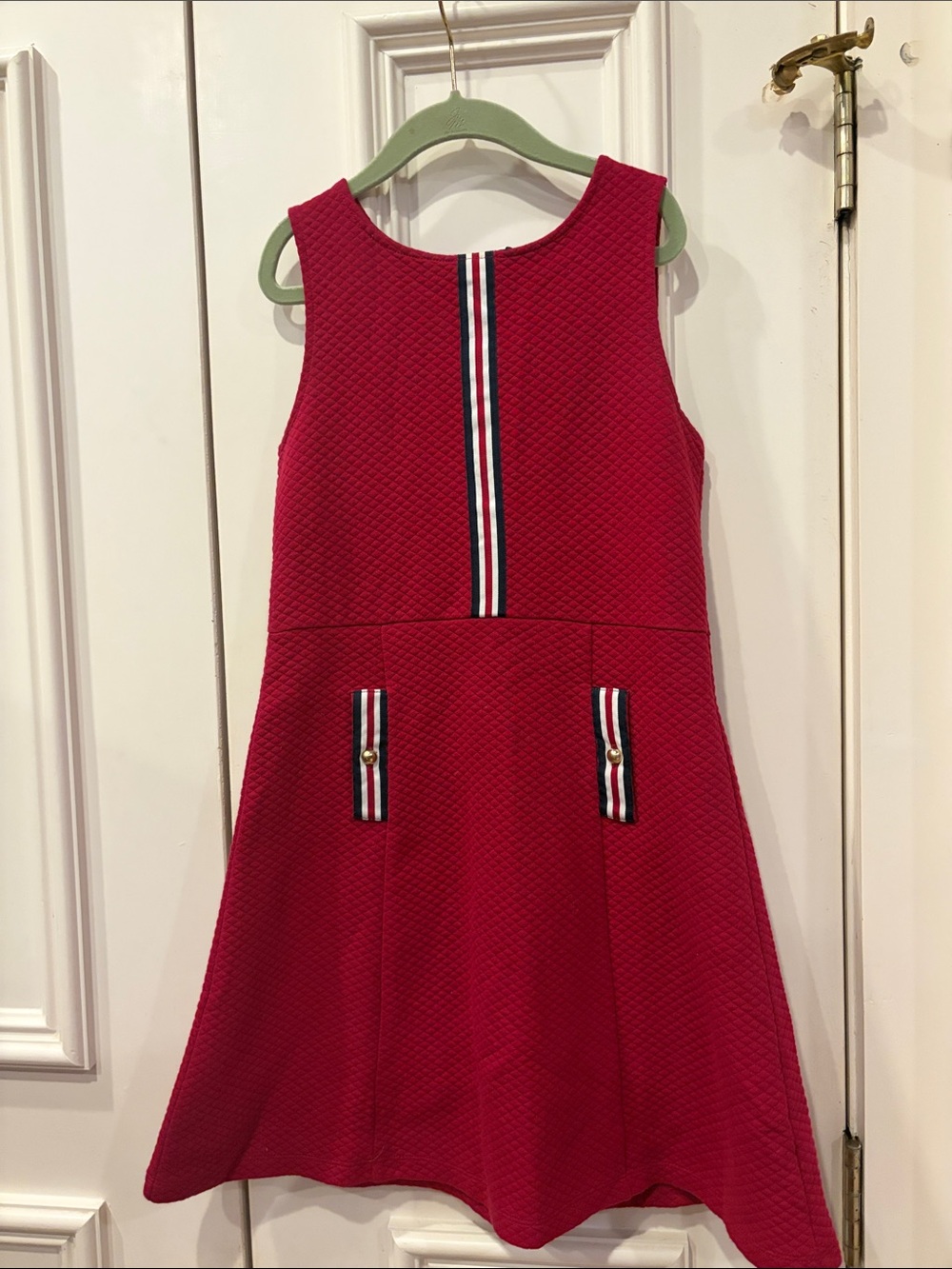Janie and Jack Red Textured Sleeveless A-Line Dress with Navy-White Trim